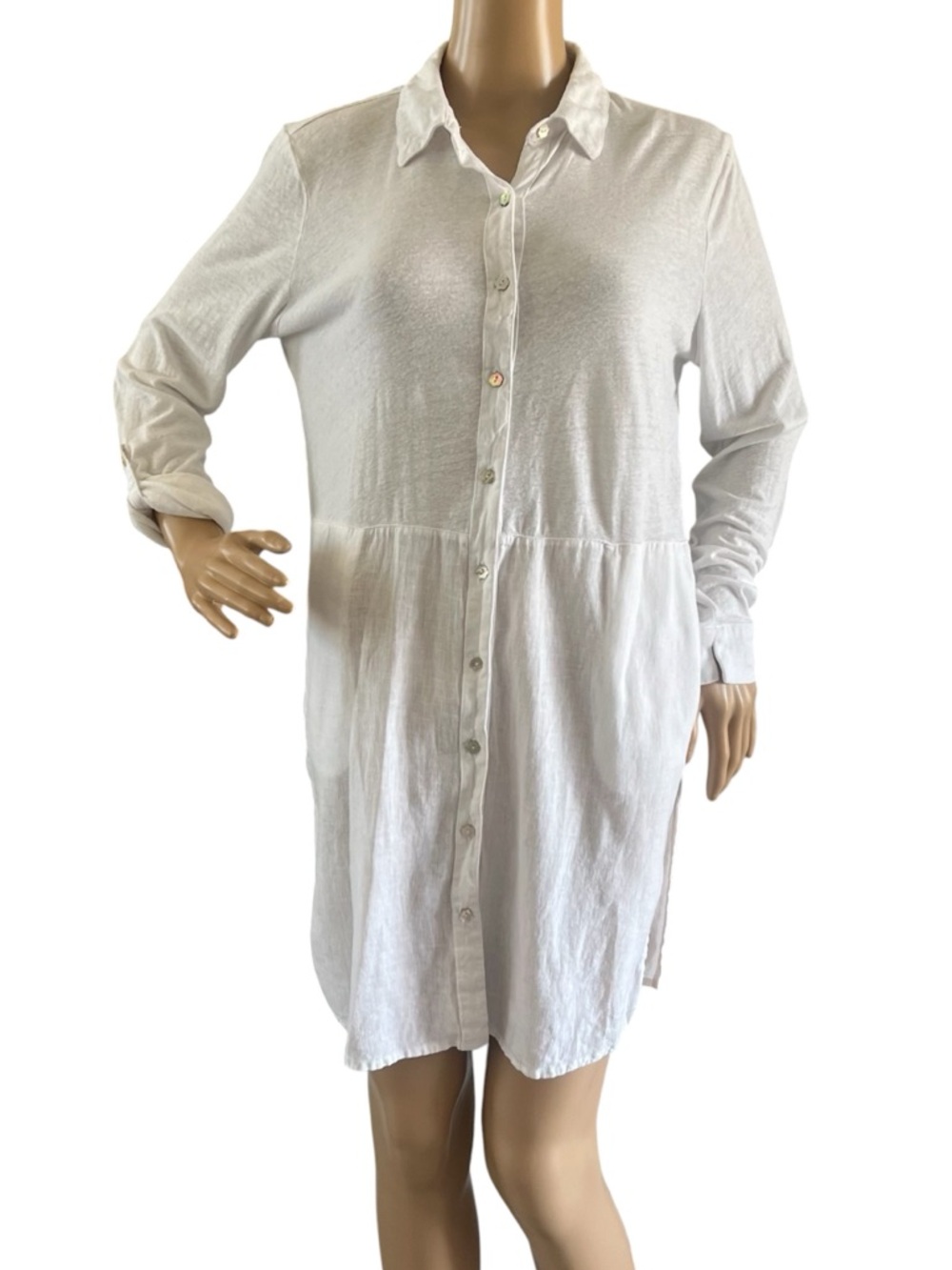 Tahari Linen Blend White Button-Front Shirt Dress
